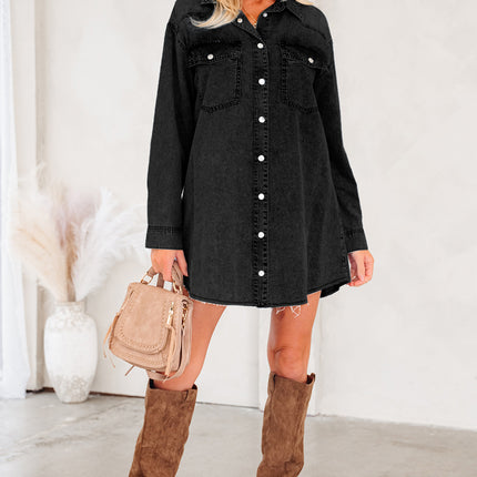 Medium Grey Beau Chest Pocket Raw Hem Denim Loose Shirt Dress