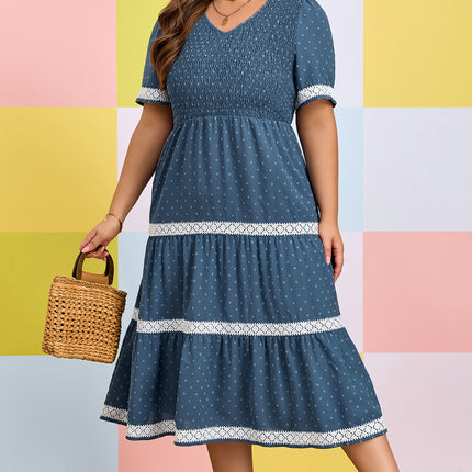 Dusk Blue Plus Size V Neck Swiss Dot Lace Patchwork Detail Flared Midi Dress