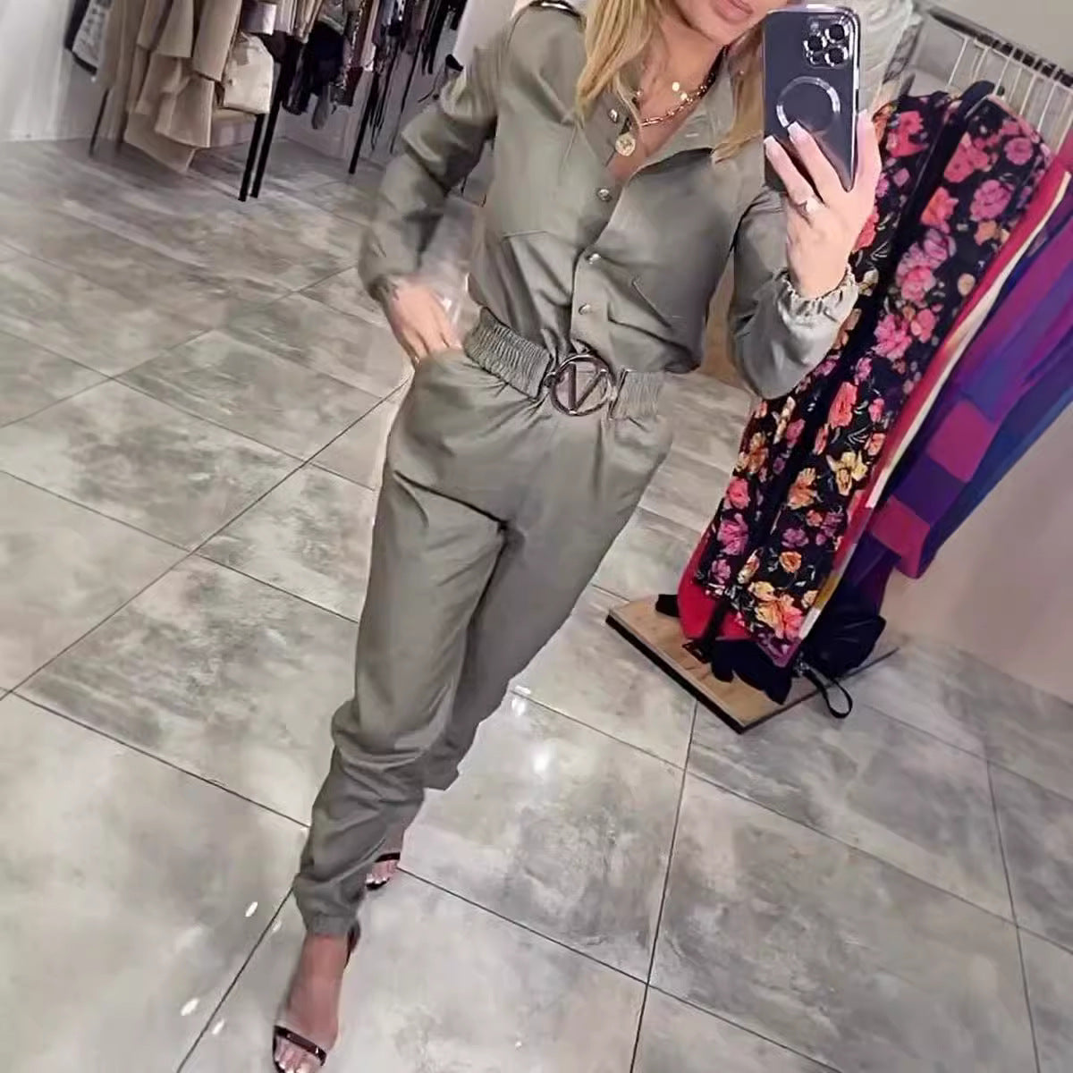 Waist-controlled Long Sleeves Casual Shirt Jumpsuit For Women