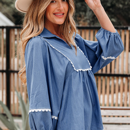 Dusk Blue Lace Ric Rac 3/4 Puff Sleeve Collared Babydoll Blouse