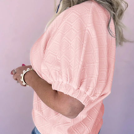 Light Pink Contrast Striped Collar Patchwork Textured Half Sleeve Blouse