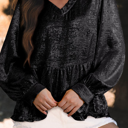 Black Metallic Frilled V Neck Puff Sleeve Babydoll Blouse