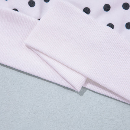 White Polka Dot Ribbed Stand Neck Plus Size Casual Sweatshirt