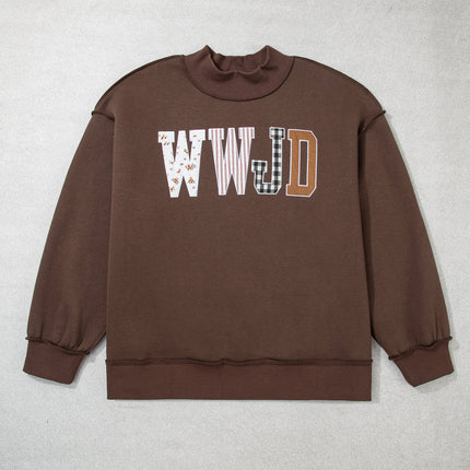 Gray WWJD Mix Pattern Letter Graphic Exposed Seam Loose Plus Size Sweatshirt