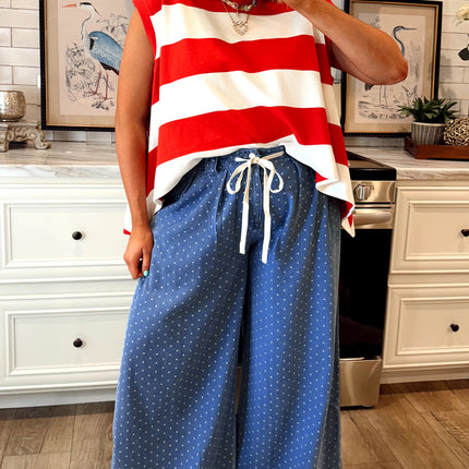 Sky Blue Polka Dot Wide Leg Full Length Shift Silhouette Plus Size Jeans