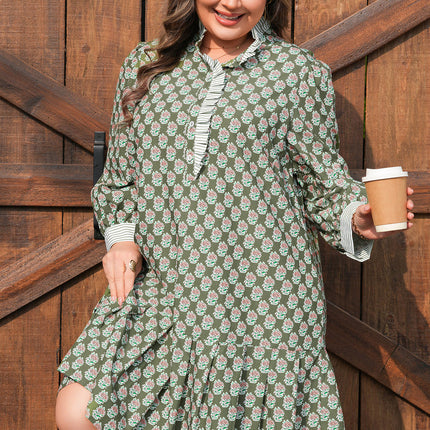 Green Contrast Striped Frilled Collar 3/4 Sleeve Plus Size Floral Dress