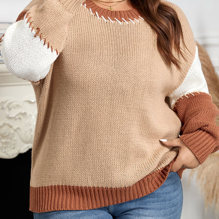 Light French Beige Contrast Stitch Detail Color Block Knitted Plus Size Sweater