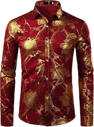 3D Golden Rose Print Slim Fit Long Sleeve Formal Wear Shirt