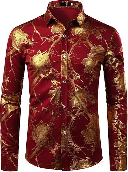 3D Golden Rose Print Slim Fit Long Sleeve Formal Wear Shirt