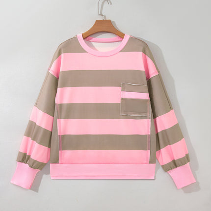 Pink Stripe Raw Seam Patchwork Drop Shoulder Plus Size Sweatshirt