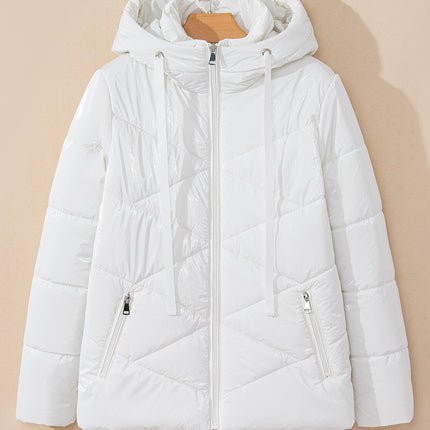 White Solid Quilted Hooded Zip Up Puffer Coat