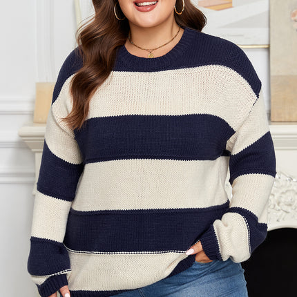 Blue Stripe Color Block PLus Size Drop Shoulder Sweater
