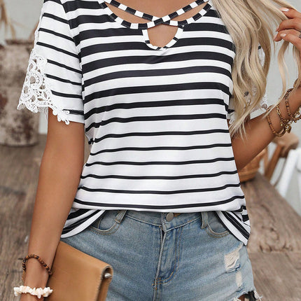 Black Stripe Cross Straps Hollowed Neck Lace Splicing Short Sleeve Blouse