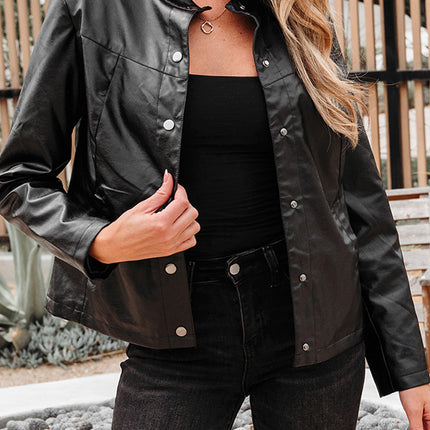 Black Faux Leather Buttoned Front Boxy Jacket