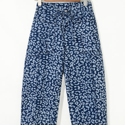 Blue Leopard Printed Drawstring Elastic Waistband Pocketed Wide Leg Jeans