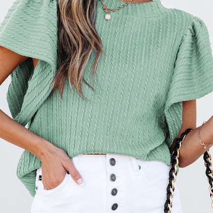 Moonlight Jade Solid Color Textured Flutter Sleeve Top