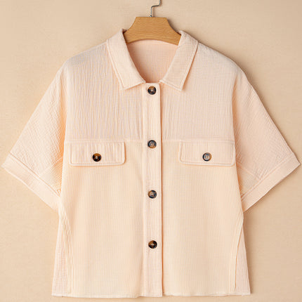 Beige Waffle Splicing Short Batwing Sleeve Flap Detail Shirt