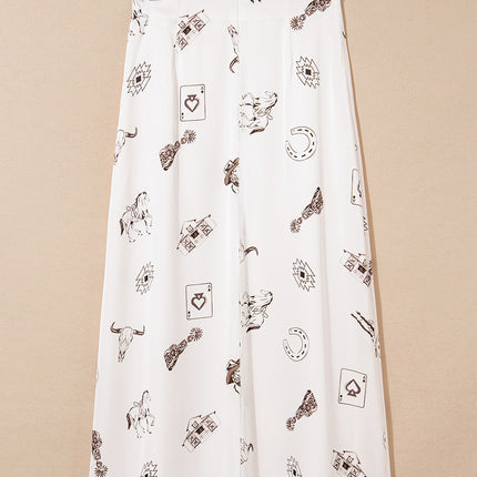 Beige Western Print Lace Trim Waist Side Zip Plus Size Maxi Skirt