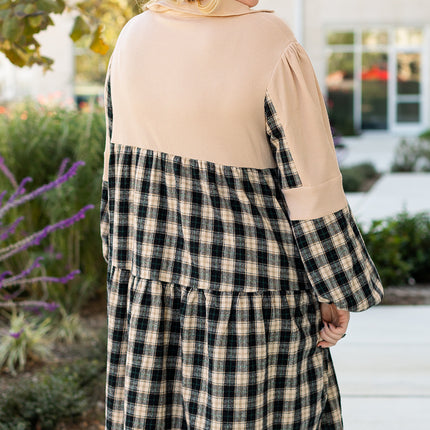 Black Plaid Waffle Knit Patchwork Collared V Neck Plus Size Mini Dress