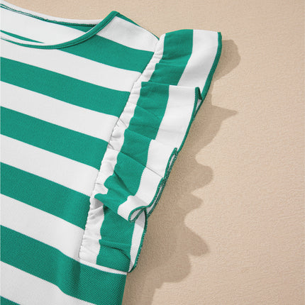Green Stripe Flutter Sleeve Round Neck T Shirt