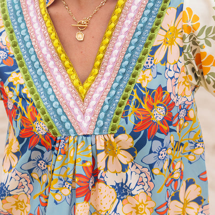 Multicolour Crochet V Neck Half Sleeve Boho Floral Blouse