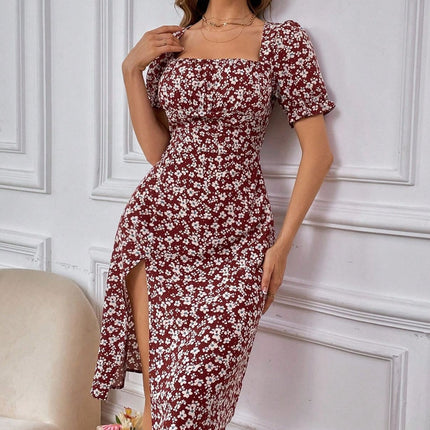 Women's French-style Square-neck Floral Print Dress