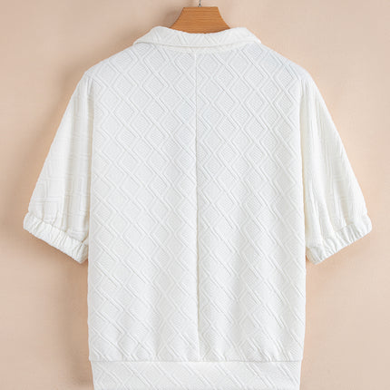 White Contrast Striped Collar Patchwork Textured Half Sleeve Blouse