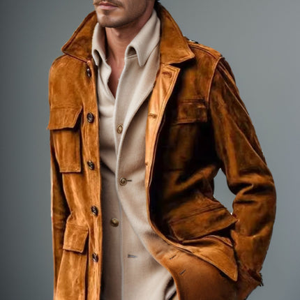Regular Men's Cowhide Casual Coat And Trench Coat Multi-pocket