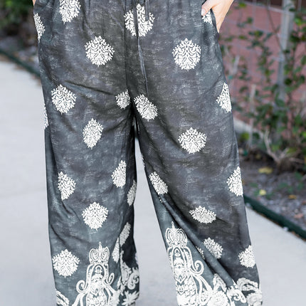 Black Plus Size Geometric Ethnic Print Drawstring Wide Leg Pants