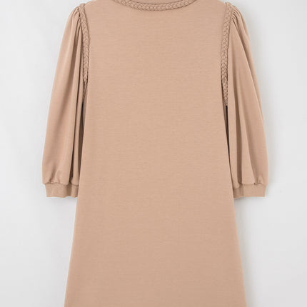 Light French Beige Braided Trim Puff Sleeve Dress