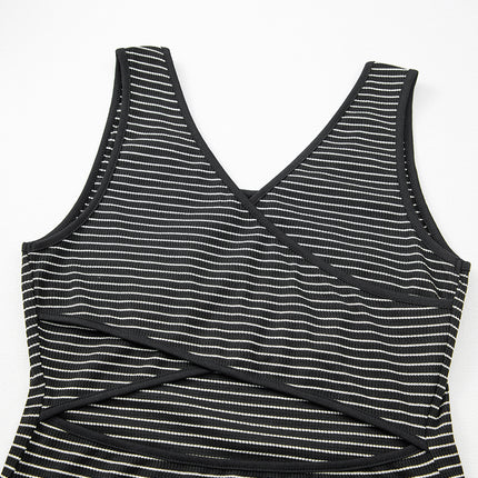 Black Stripe Criss Cross Side Slits Slim Fit Sleeveless Midi Dress