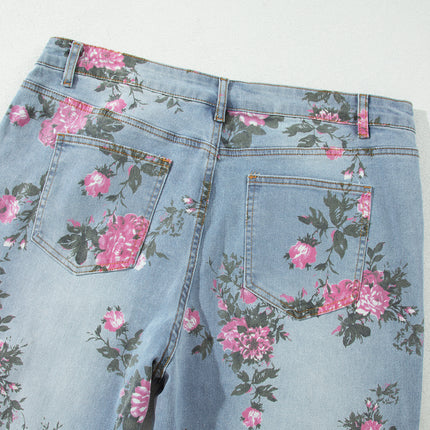 Sky Blue Plus Size Floral Print Ankle Length Loose Jeans