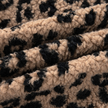 Khaki Leopard Print Zip Up Stand Neck Side Pocket Jacket