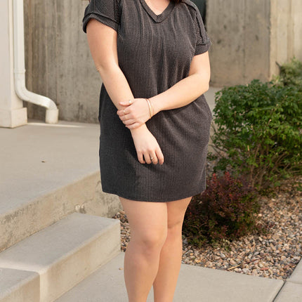 Carbon Grey Corded V Neck Plus Size T Shirt Dress with Pockets