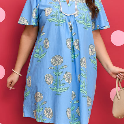Sky Blue Plus Periwinkle Floral Printed Short Sleeve Striped Trim Split Neck Mini Dress