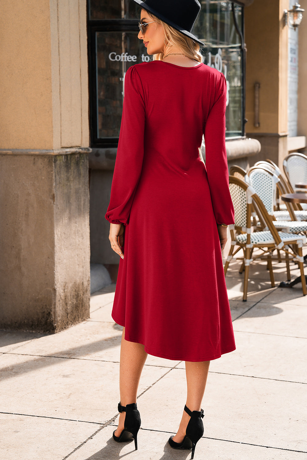 Fiery Red Solid Color Ruched Detail Long Sleeve Midi Dress
