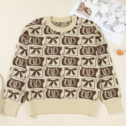 Brown Bow Horseshoe Print Checkered Plus Size Sweater