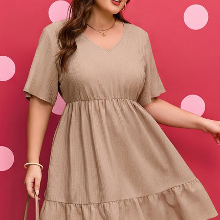Dark Khaki Plus Size Textured Ruffled Short Sleeve Dress