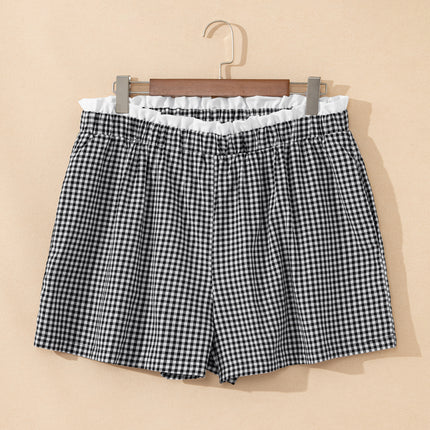 Pink Contrast Trim Plaid Print Plus Size Shorts