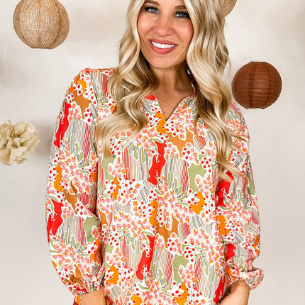 Orange Printed Split V Neck Puff Sleeve Blouse