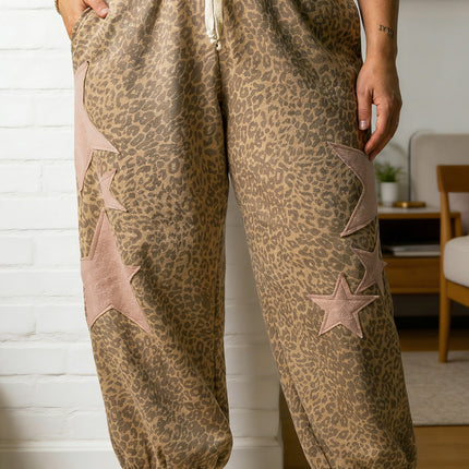 Khaki Plus Size Leopard Print Western Star Patched Jogger Pants