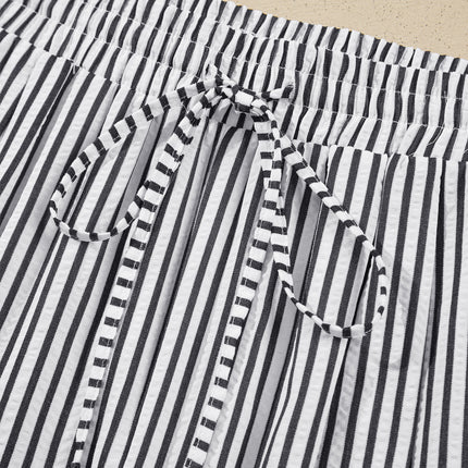 Black Stripe Plus Size Tie Waist Loose Pants