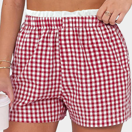 Pink Contrast Trim Plaid Print Plus Size Shorts
