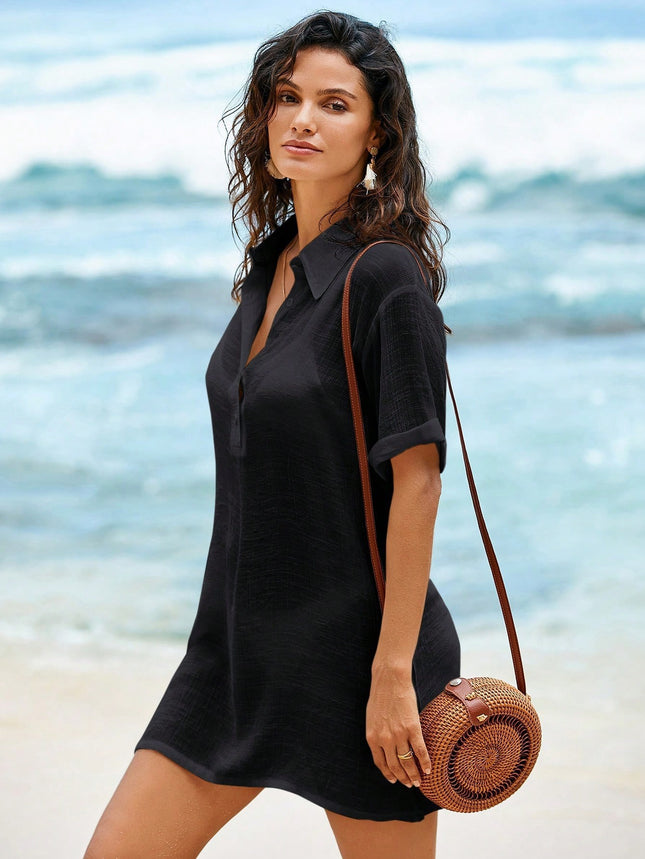 Women's Loose Solid-Color Shirt-Style Casual Dress