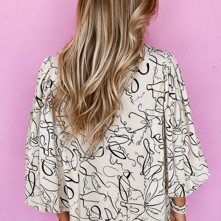 Beige Abstract Print Balloon Sleeve Crew Neck Blouse