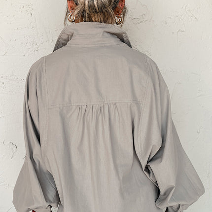 High Solid Color Balloon Sleeve Side Slits Loose Fit Shirt
