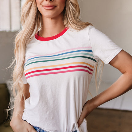 White Rainbow Stripe Print Contrast Crewneck T Shirt