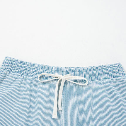 Sky Blue Stripe Plus Size Contrast Drawstring Elastic Waist Denim Shorts