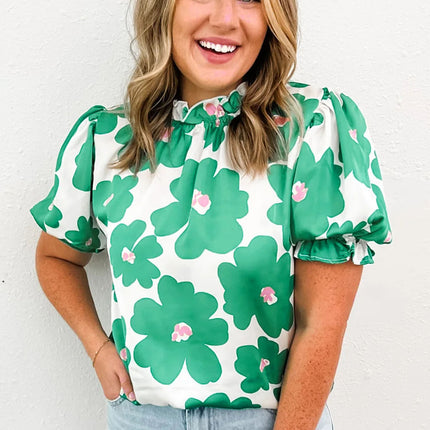 Green Floral Puff Sleeve Frill Neckline Blouse