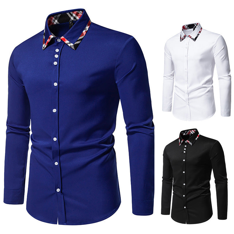 Men's Plaid Contrast Color Triangle Collar Long Sleeve Shirt